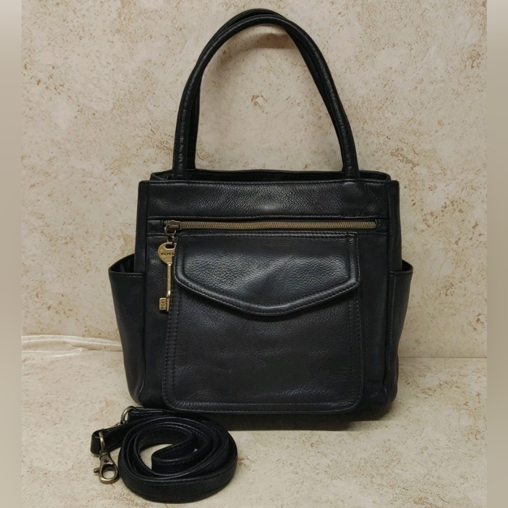 Vintage Fossil Black Leather Purse Handbag With Removable Strap